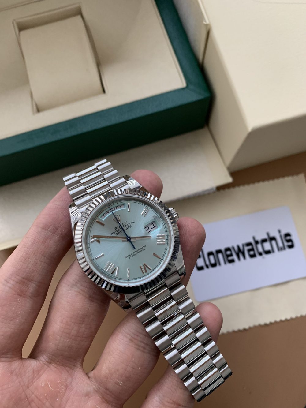 Fake Rolex Day-Date 40 Platinum Ice Blue Dial Fluted Bezel