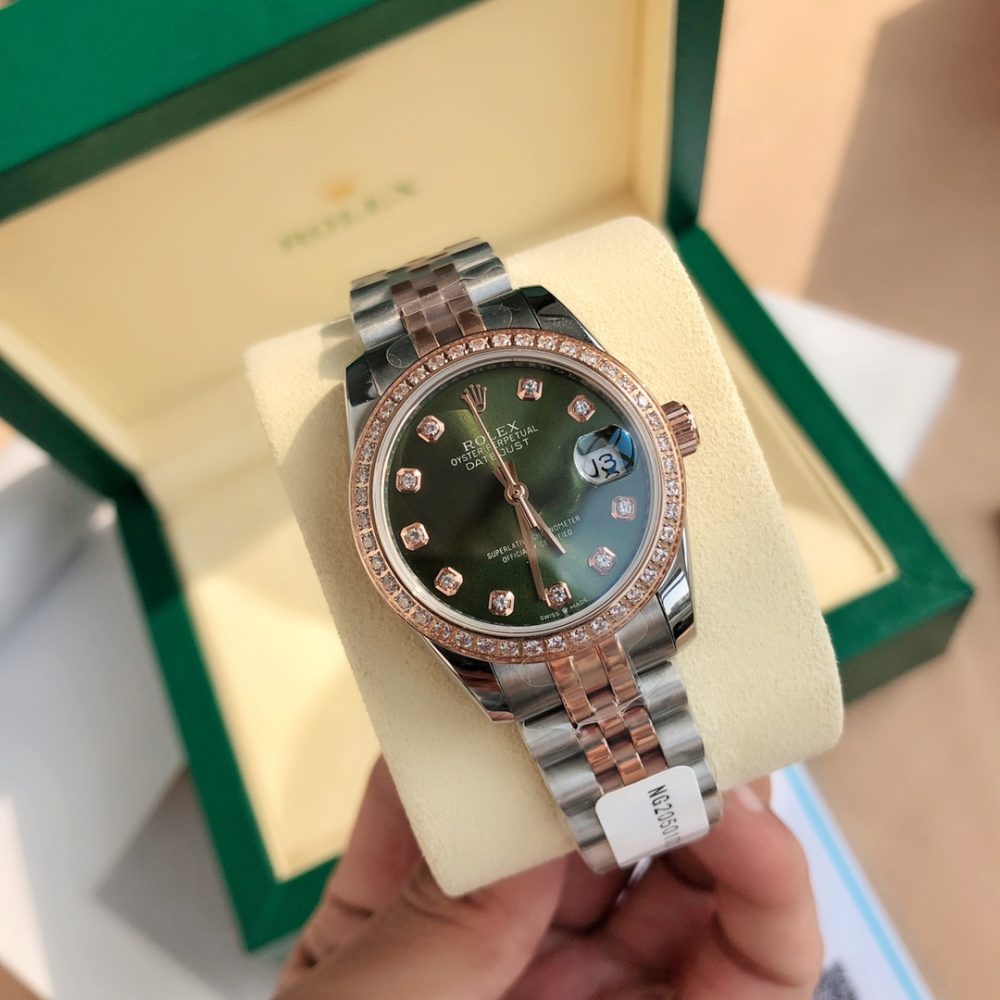 Rolex Ladies Datejust 28mm Green VS-Grade Diamond Bezel