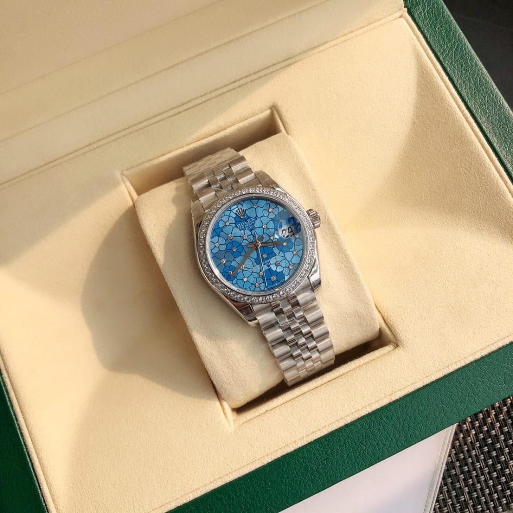 1:1 Fake Rolex Datejust Replica 31mm Floral Blue Diamond Dial - Image 4